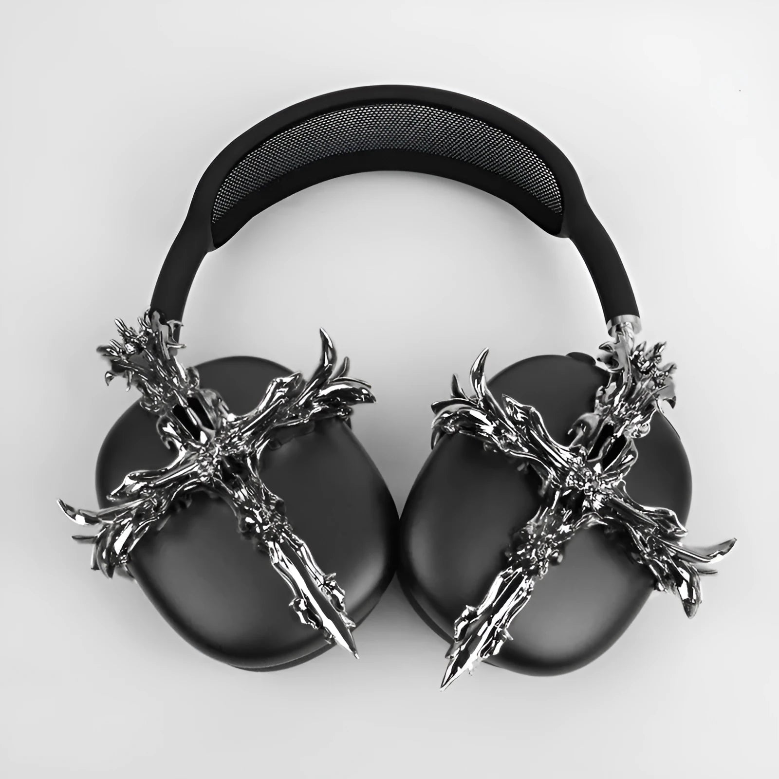 Gothic cross patterned resin cover for Apple AirPods Max headphones in silver colour