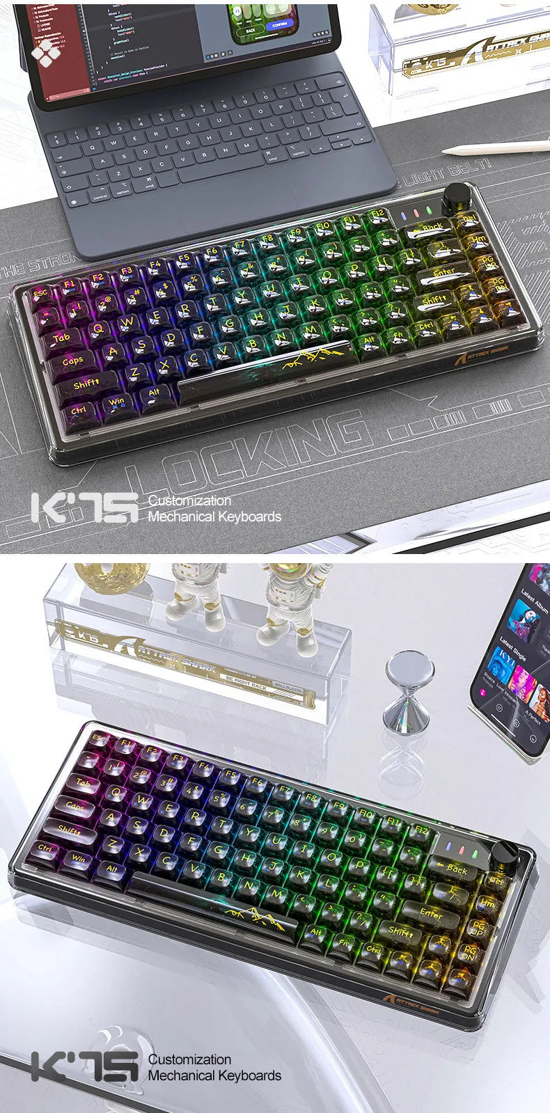 Attack Shark K75 transparent wireless mechanical keyboard with RGB backlighting on a desk