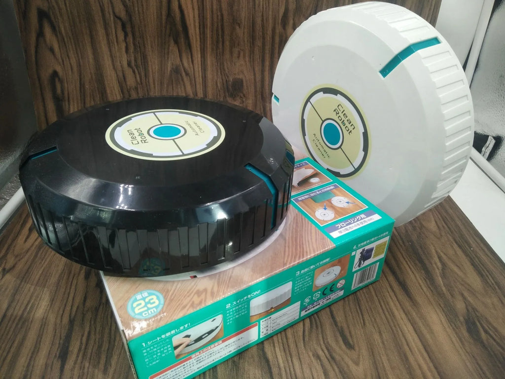 Black or white AC automatic sweeping robot cleaner on a wooden floor