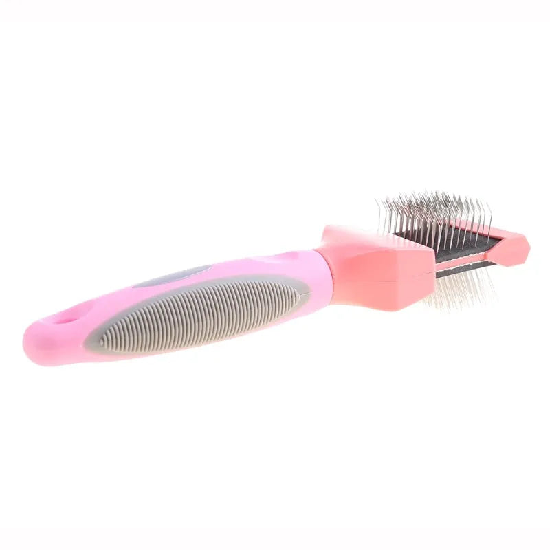 Double-sided blue pet brush for dogs and cats showing soft pins on one side and firm stainless steel pins on the other.