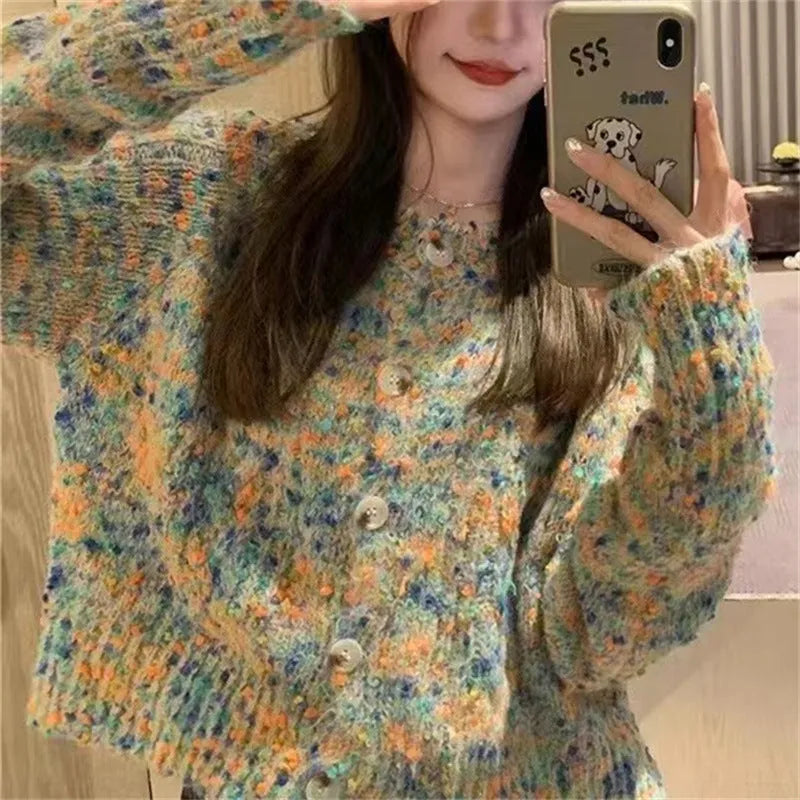 Retro style knitted cardigan in pink and green colours with slim fit design