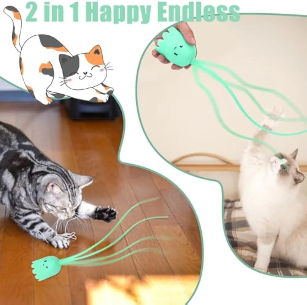 Green electronic cat wand toy with swinging silicone tails for indoor cat play