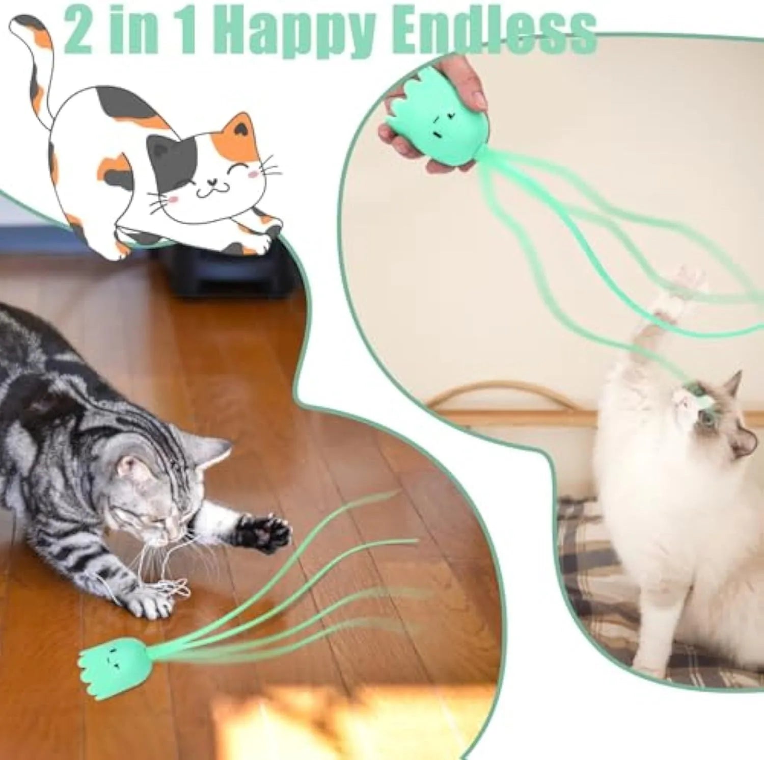 Green electronic cat wand toy with swinging silicone tails for indoor cat play