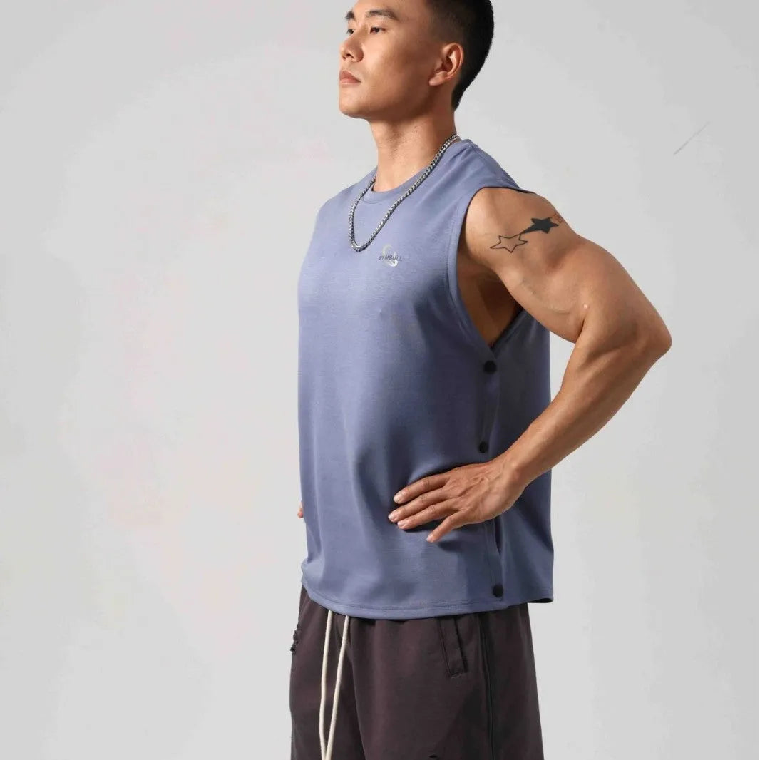 Korean style men's loose cotton fitness vest with hidden hook fastening on the sides