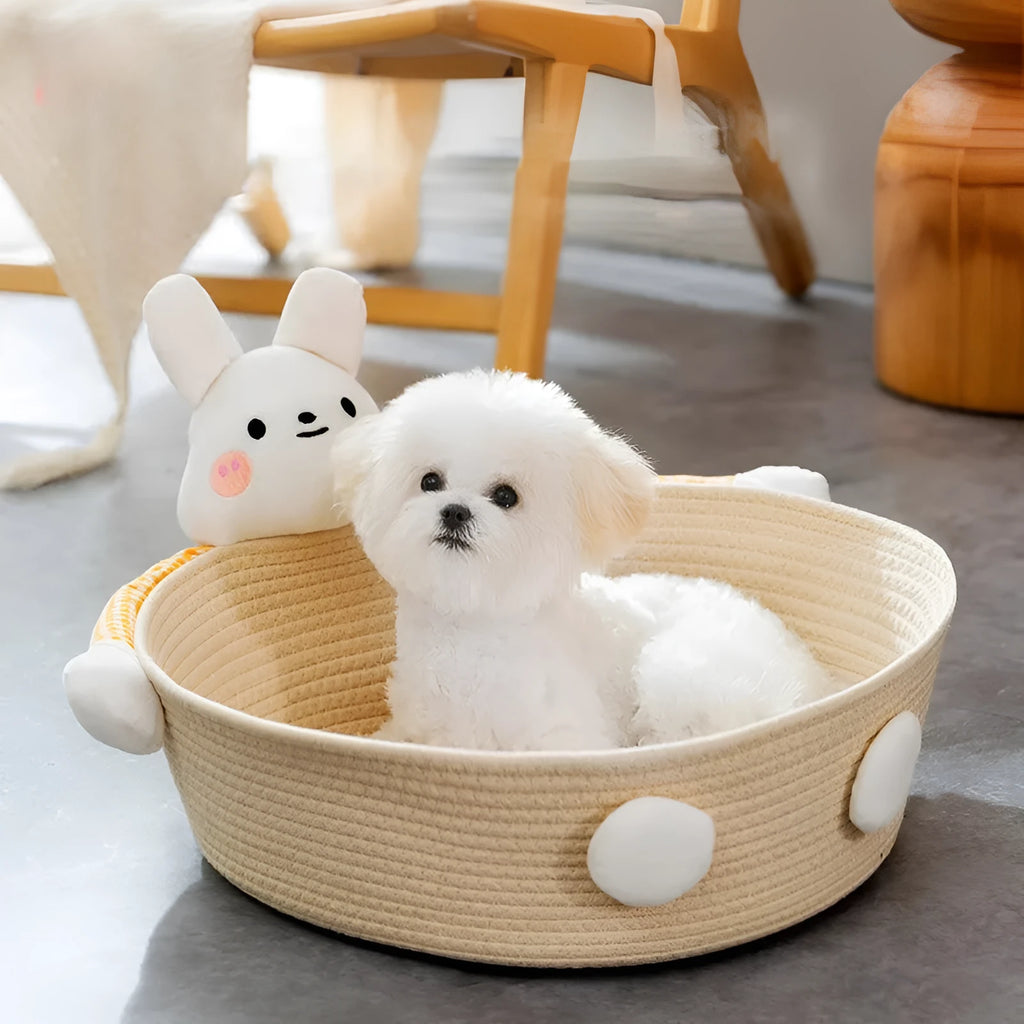 Woven cotton rope cat bed with integrated scratching surface in basket design