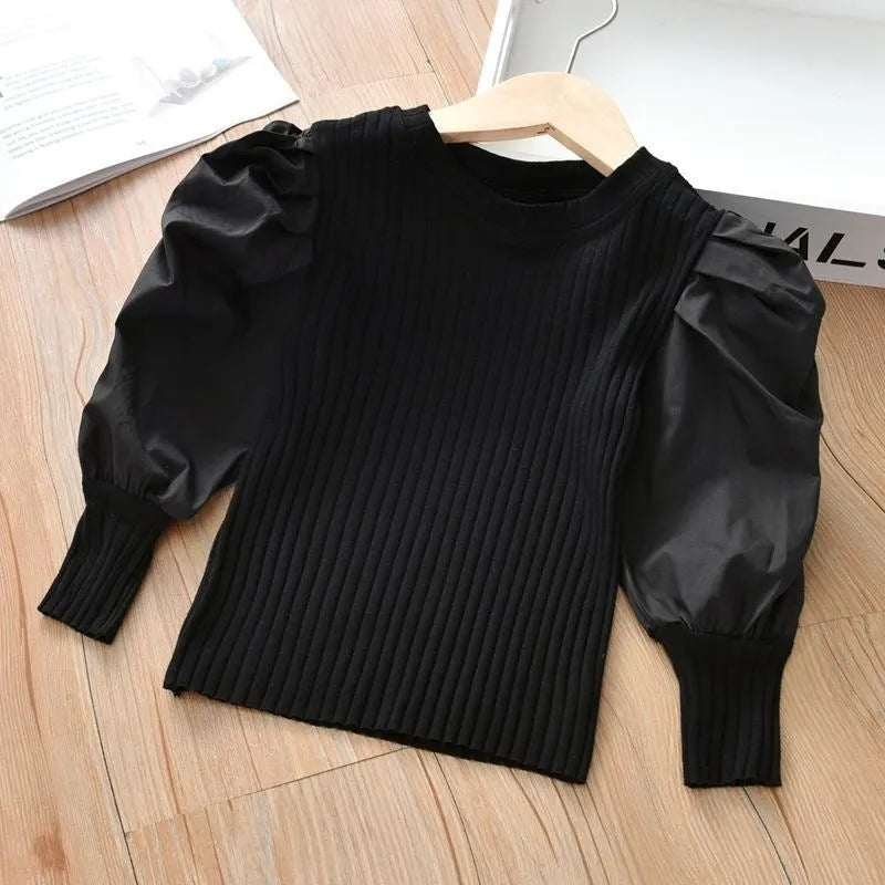 Girls western style long sleeved cotton t shirt with puff sleeve in black view