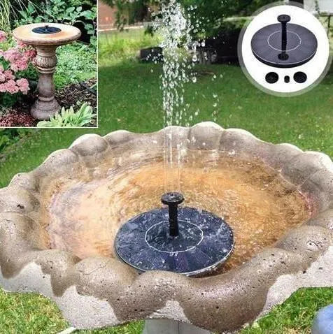 Black solar-powered fountain pump with solar panel and four spray nozzles for garden ponds.