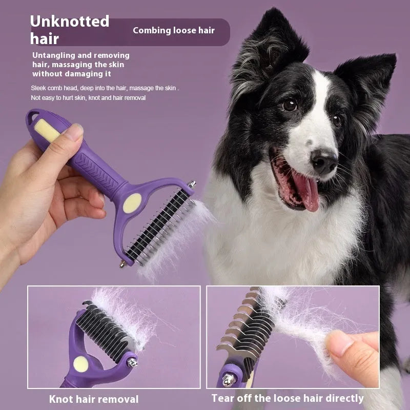Purple double-sided plastic dog comb for untangling knots and removing loose hair.