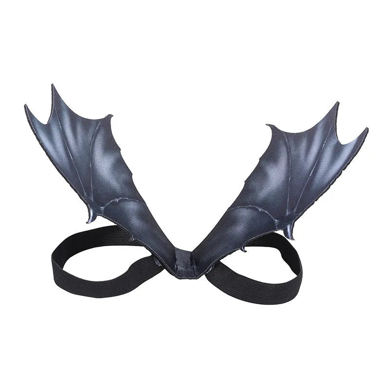 Black cloth Halloween bat wings for pets showing three size options: 64cm, 55cm, and 40cm wing spans