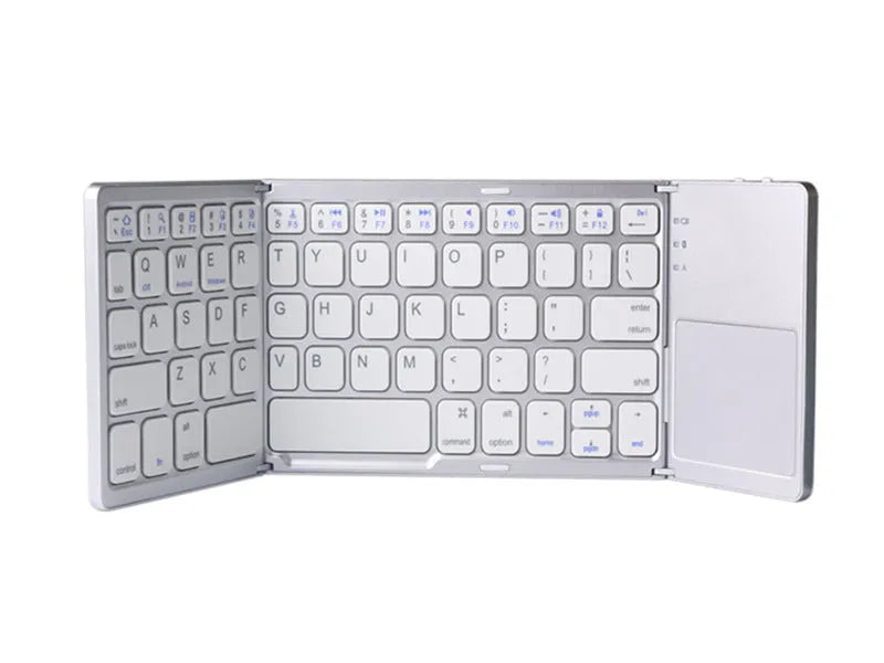 Tri-fold folding Bluetooth keyboard shown both folded and unfolded with integrated touchpad