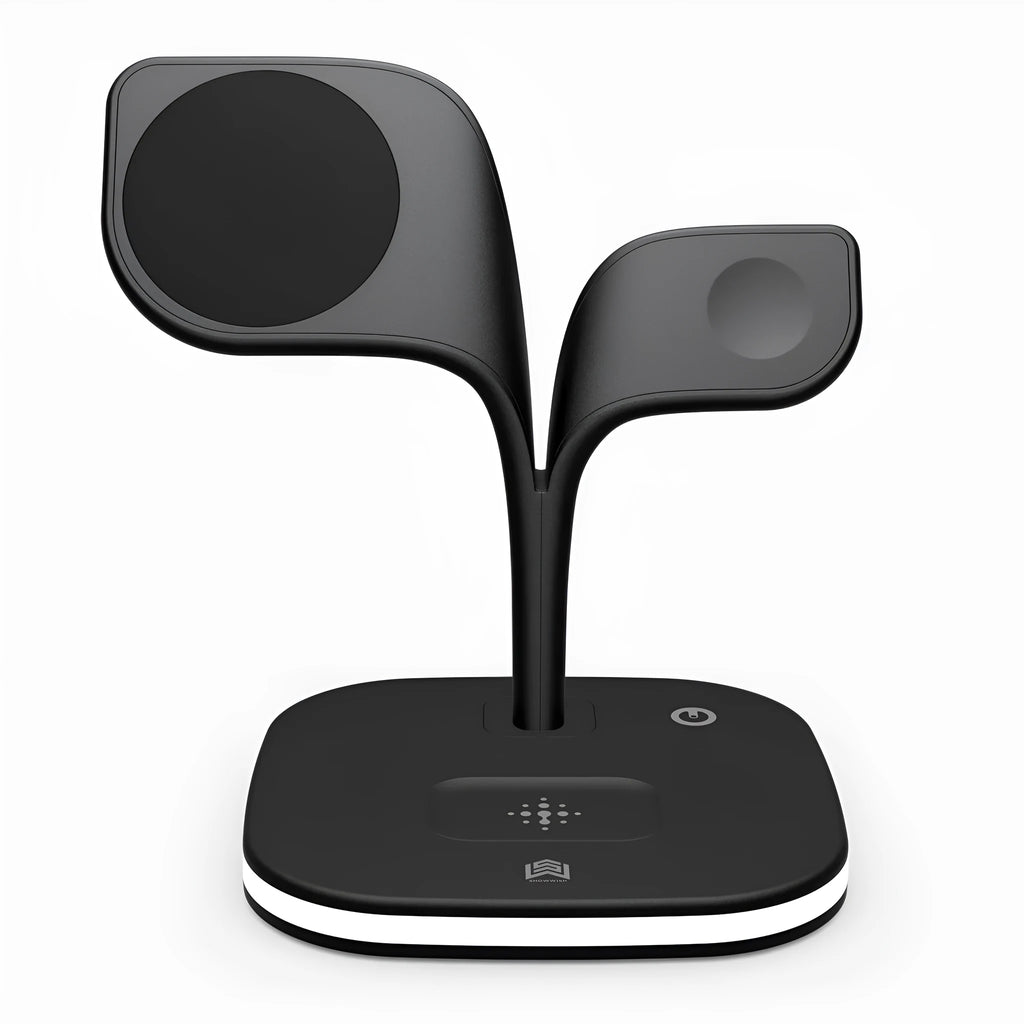 Black wireless charging stand for phone, watch, and headphones on desk with USB cable