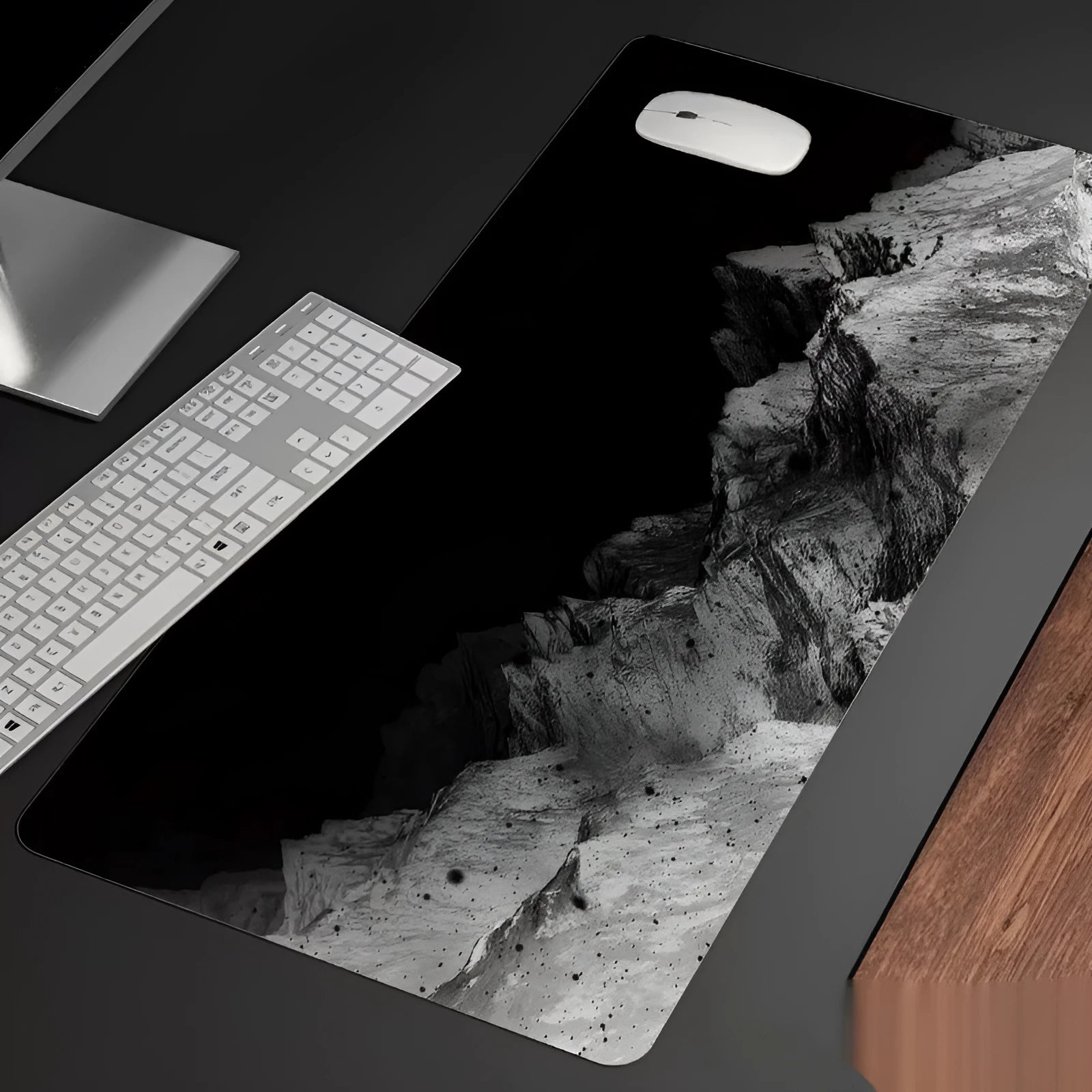 Oversized natural rubber desk mat with thermal transfer graphics for computer keyboard and mouse protection