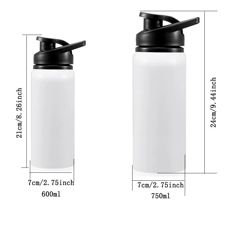 White aluminium sports water bottle shown in 600ml and 750ml sizes for cycling and outdoor use.