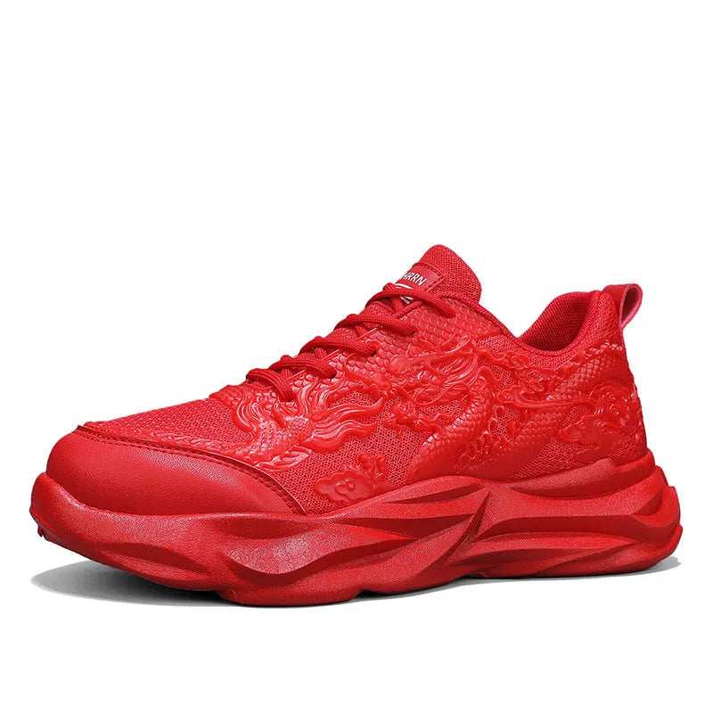 Men's casual fly knit sneakers with Chinese dragon design and rubber soles