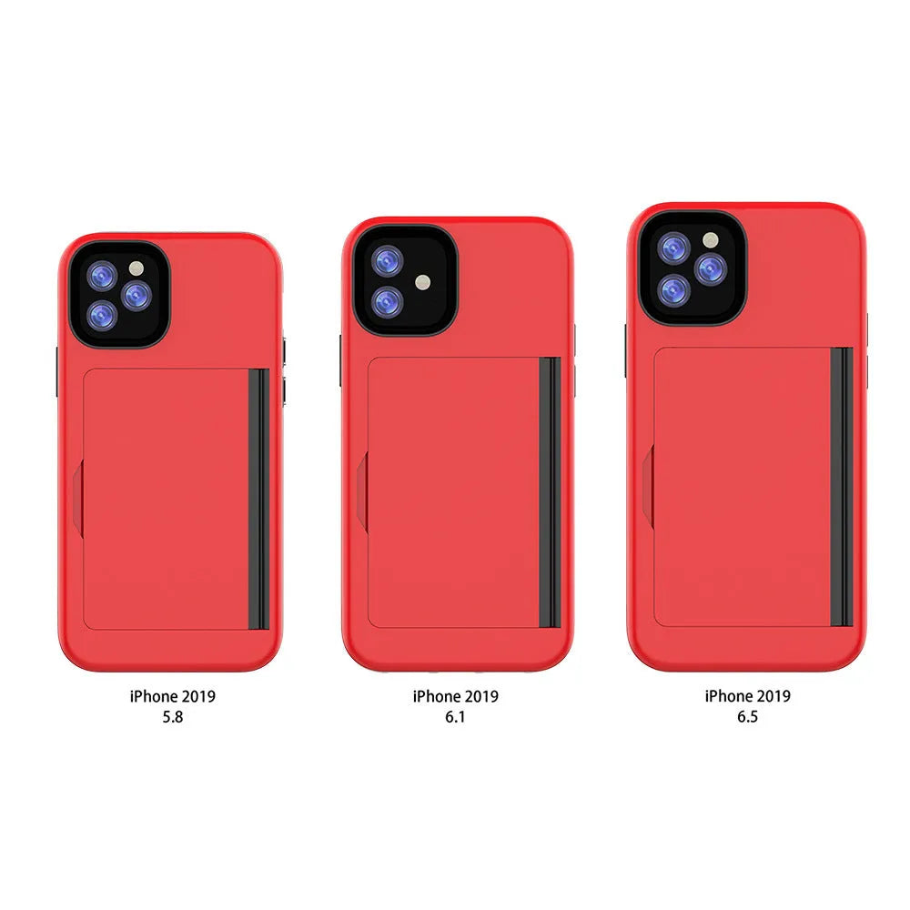 A solid-colour hard back cover case for the iPhone 11, shown in a choice of black, red, pink, blue, dark blue, and purple.