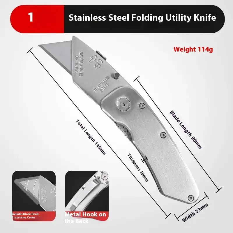 Stainless steel folding art knife with black blade alongside long and trapezoidal blades.