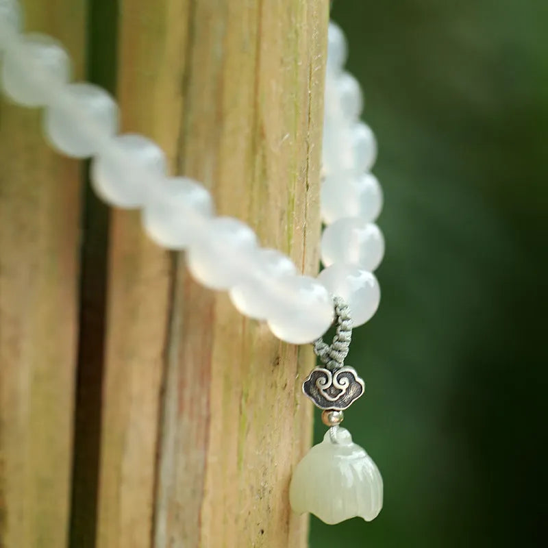 Original niche design S925 silver white agate Hetian jade bracelet with lotus geometry pattern