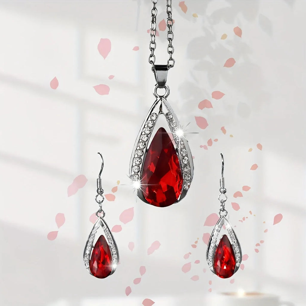 Teardrop glass pendant necklace and matching earrings set in black or red colour
