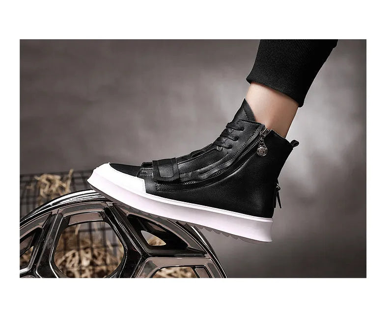 Men's black and white PU leather ankle boots in a high-top sneaker style for winter.