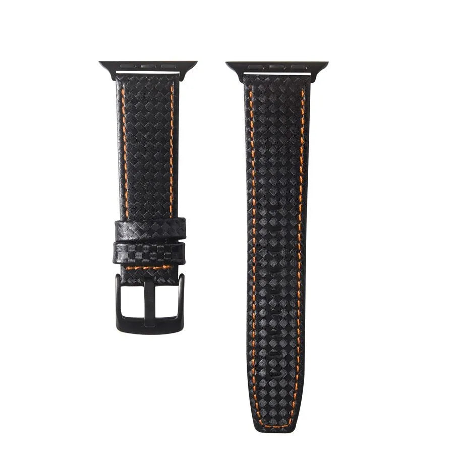 Carbon fibre and leather iPhone watch strap with PC hard shell case in red, black, orange, and blue thread options.