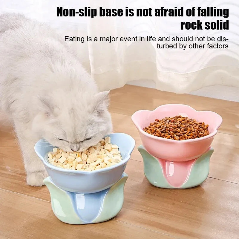 Blue ceramic raised pet bowl with floral pattern and non-slip base for cats or small dogs.