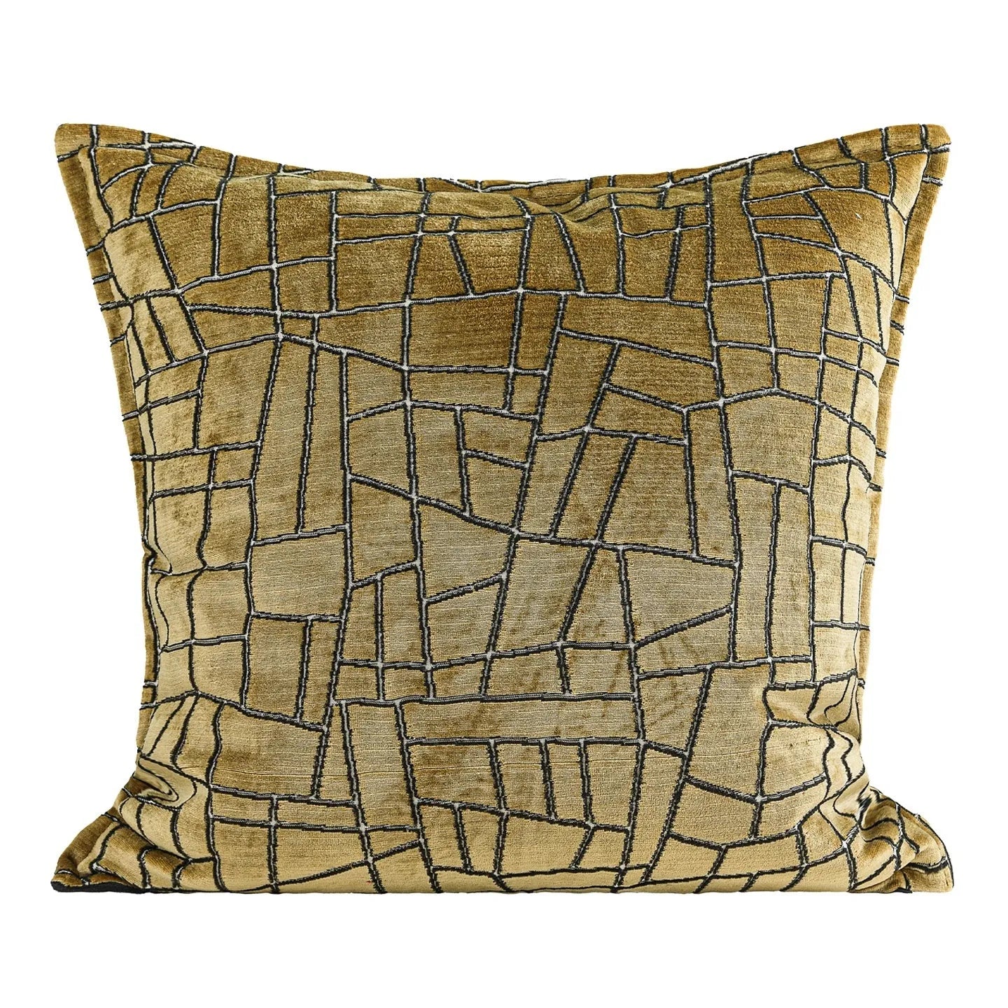 Gold geometric abstract pattern on a square polyester cushion cover and a lumbar pillow.