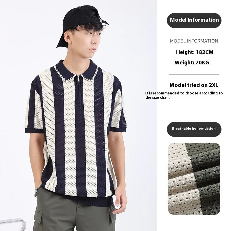 Man wearing short sleeve striped sweater with zipper decoration detail in viscose fabric