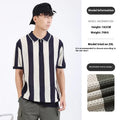 Man wearing short sleeve striped sweater with zipper decoration detail in viscose fabric
