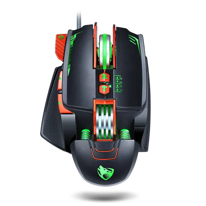 Black Thunder Wolf V9 wired gaming mouse with six buttons on an ergonomic shape