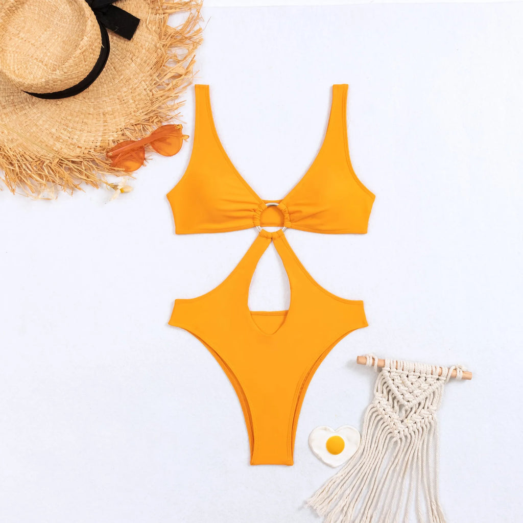 Women's black triangle one-piece swimsuit laid flat, showcasing sleeveless design and nylon fabric.