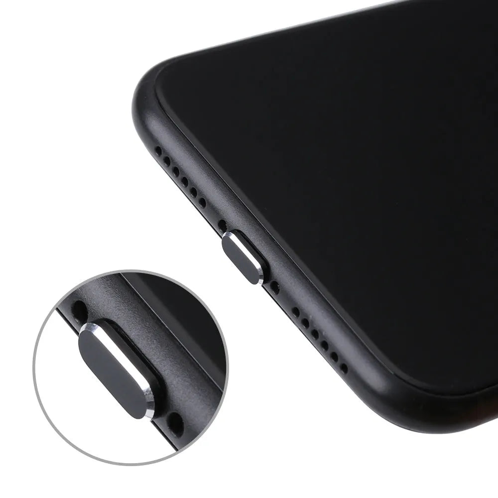 Aluminium alloy dust plug for iPhone charging port in various colours including gold, silver and rose gold.