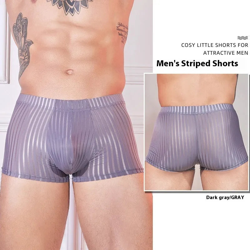 Men's thin transparent striped nylon underwear in black, white, and dark grey.