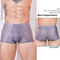 Men's thin transparent striped nylon underwear in black, white, and dark grey.