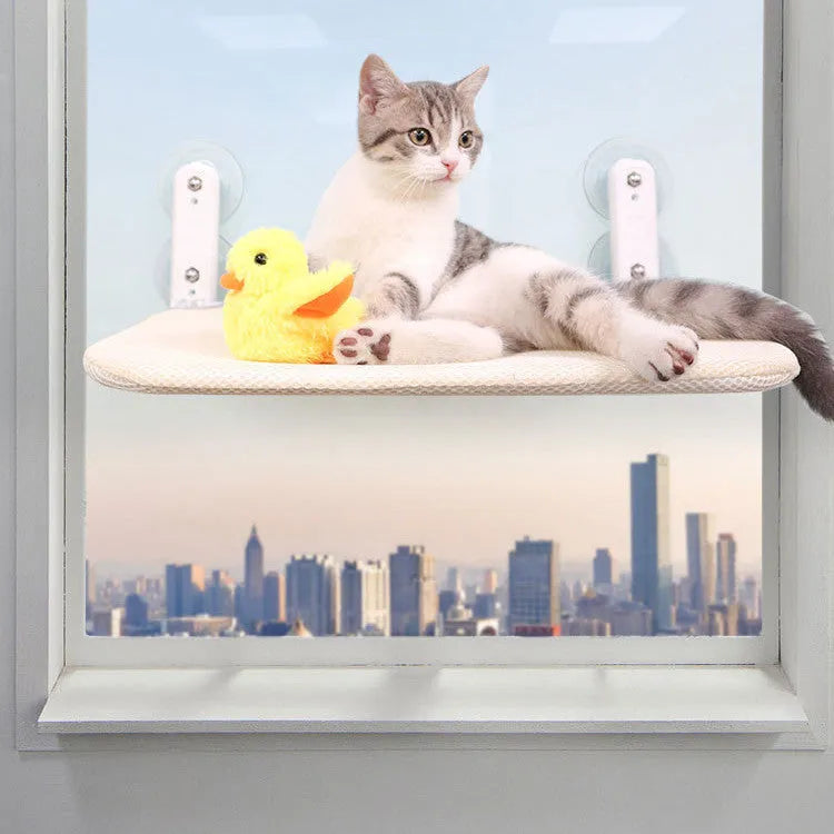 Foldable stainless steel cat window seat with suction cups attached to a window, available in beige mesh, grey mesh, or grey plush.