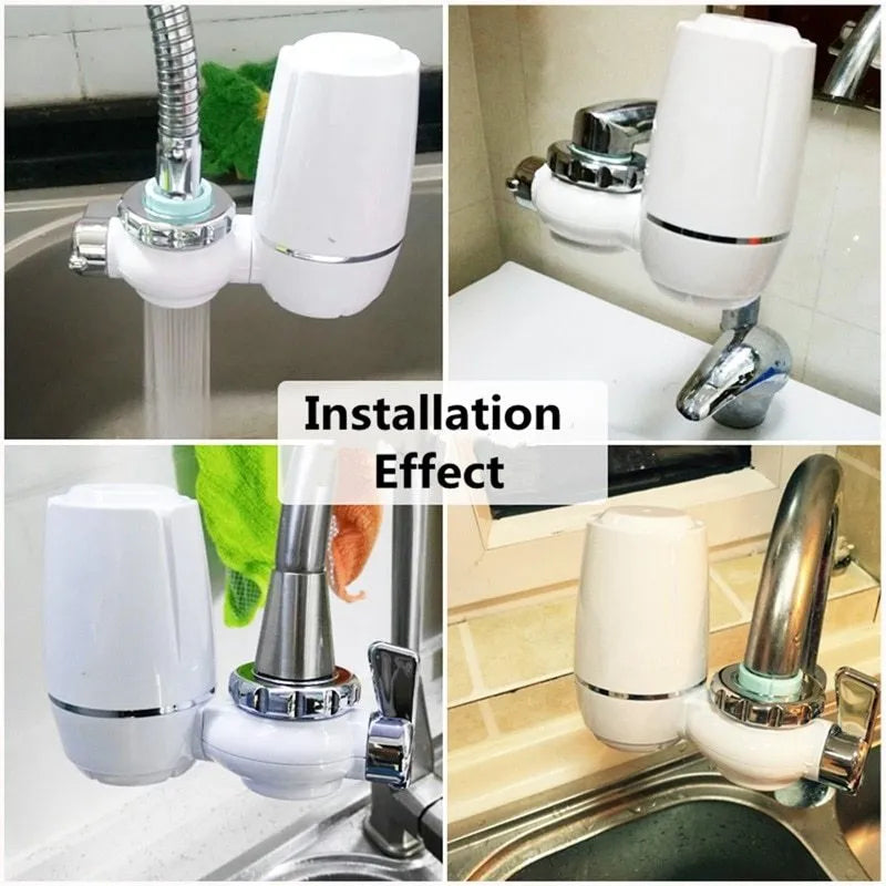 White plastic kitchen tap water filter with universal adapter and ceramic cartridge
