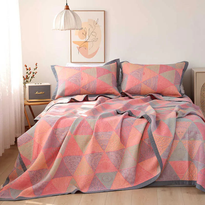 Cotton gauze bed blanket set with plant and flower pattern including blanket and two pillowcases