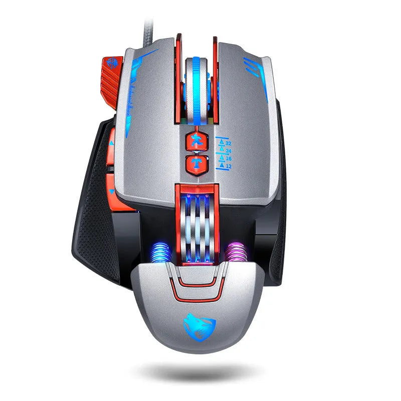 Black Thunder Wolf V9 wired gaming mouse with six buttons on an ergonomic shape
