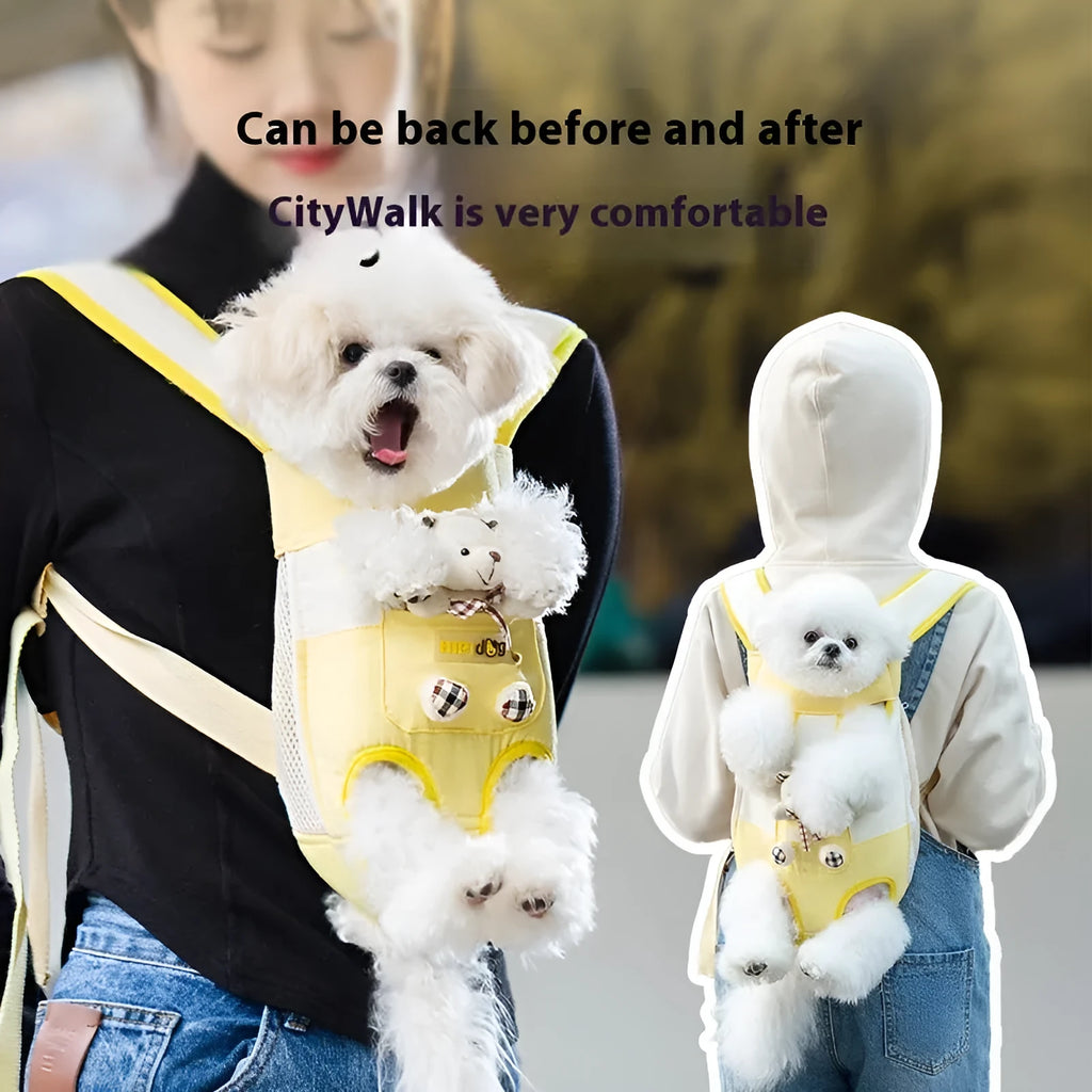Canvas pet chest bag with animal pattern and colourful stitching in portable design for cat transport