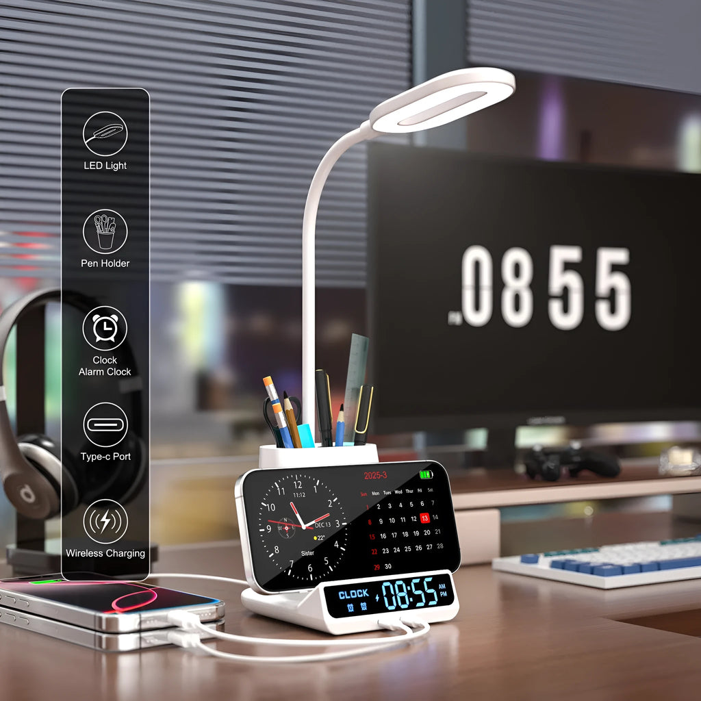 Minimalist desk lamp with wireless charging pad, pen holder and storage compartment