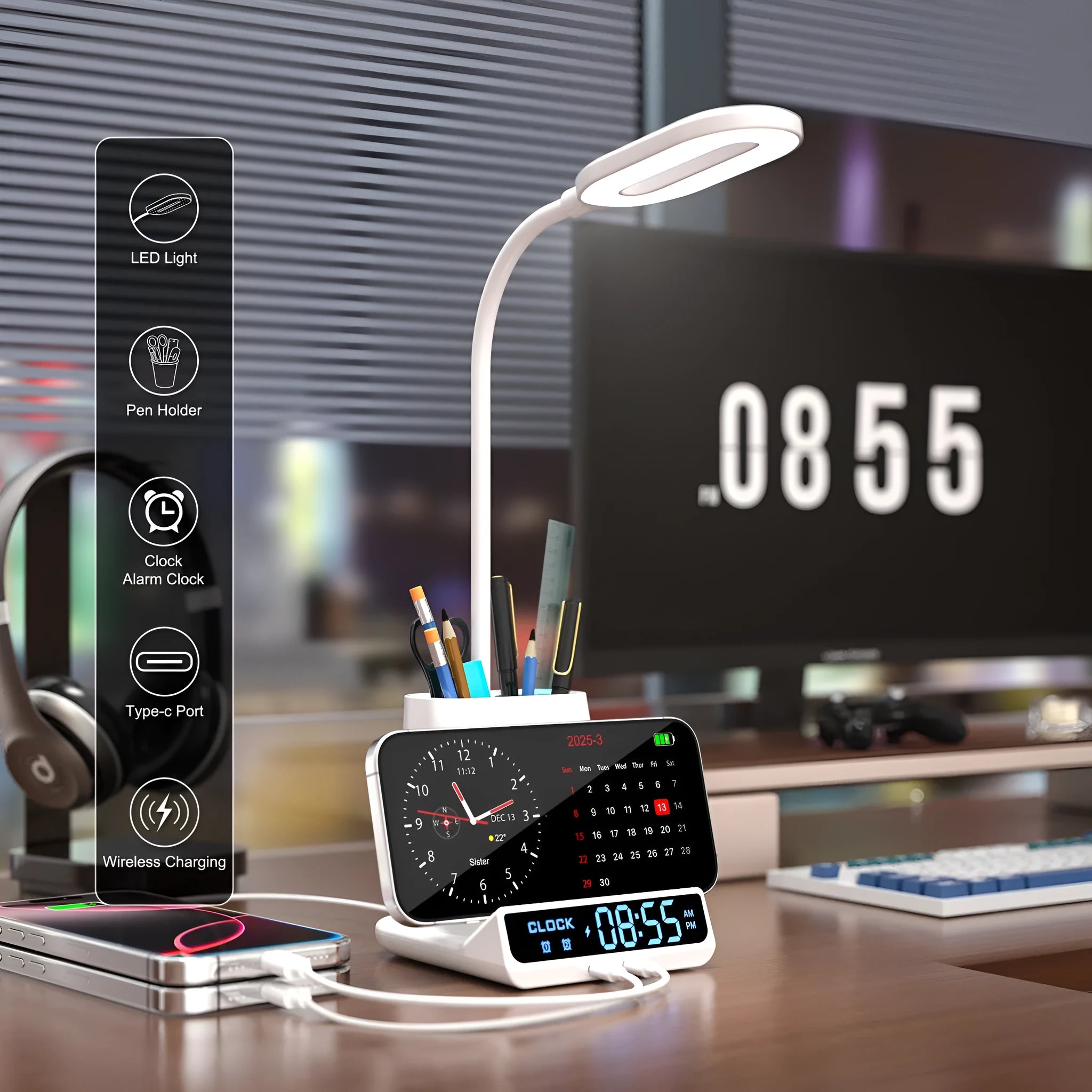 Minimalist desk lamp with wireless charging pad, pen holder and storage compartment