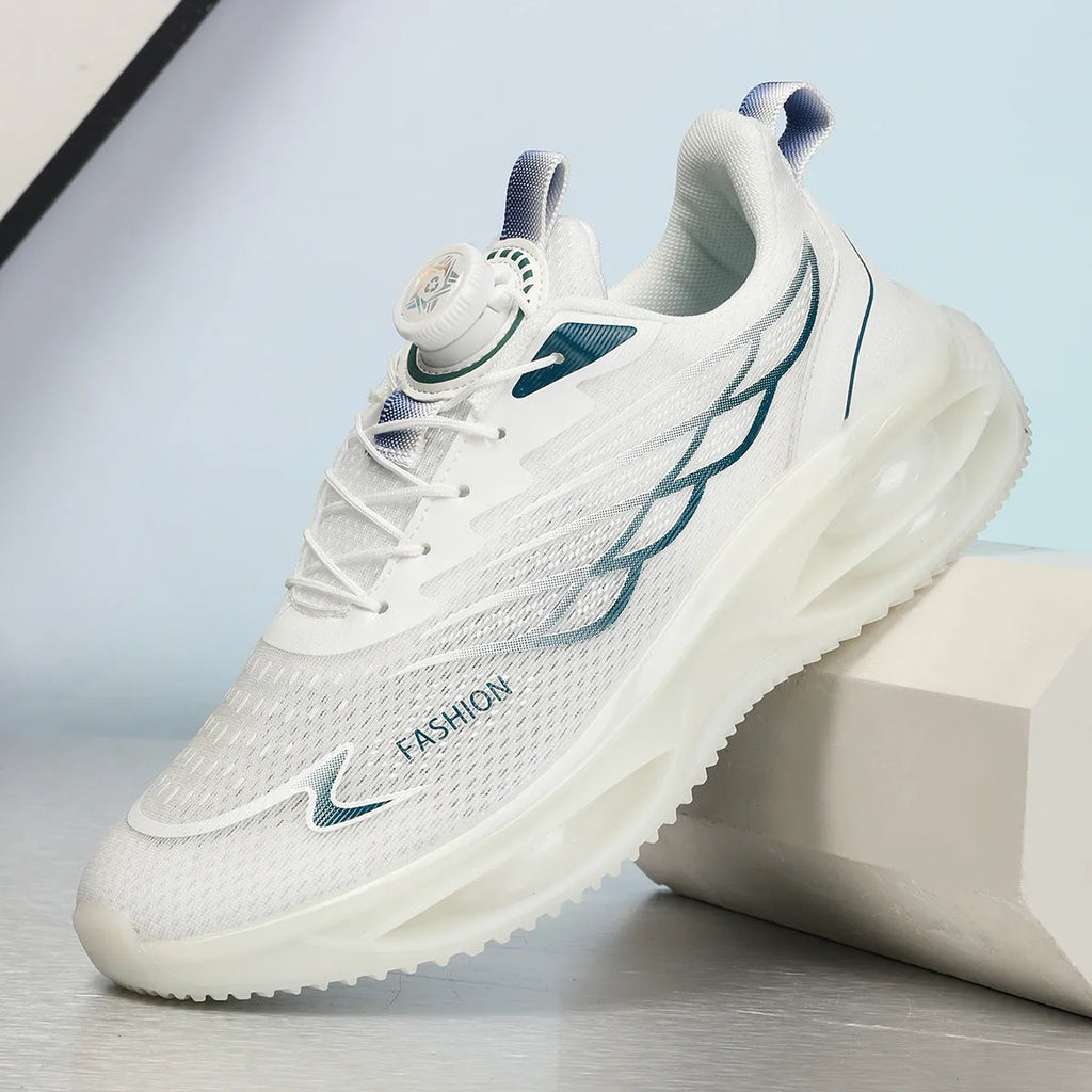 Casual running shoes in sky blue with mesh upper and rubber sole, shown in low-top round-toe design