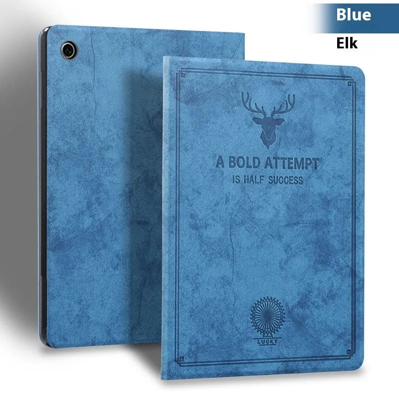 Soft TPU leather iPad clamshell case with a deer pattern, shown in various colour options.