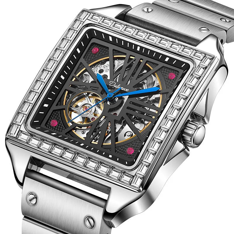 Square diamond-studded automatic watch for men with business style design