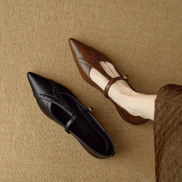 Brown women's pointed low-cut flat shoes with cowhide leather and 3-5cm mid heel