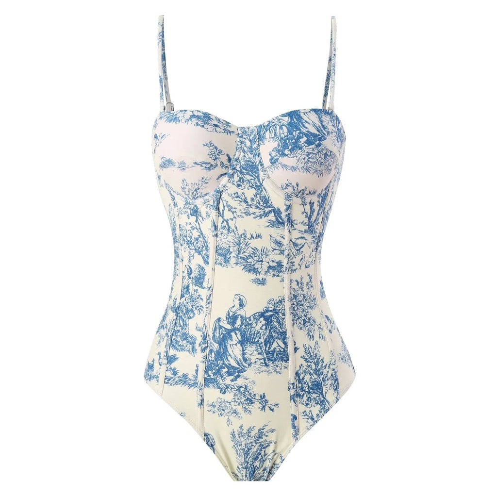Blue patterned one-piece swimsuit for women with optional matching gauze skirt in polyester fabric