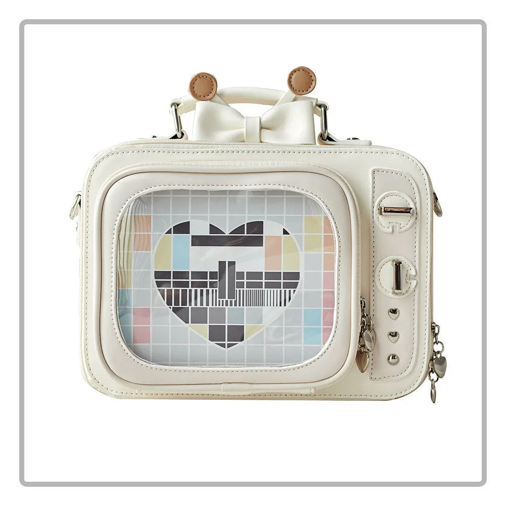 PU snack square cross-body bag with antenna bow and detachable strap in Black Pink colour
