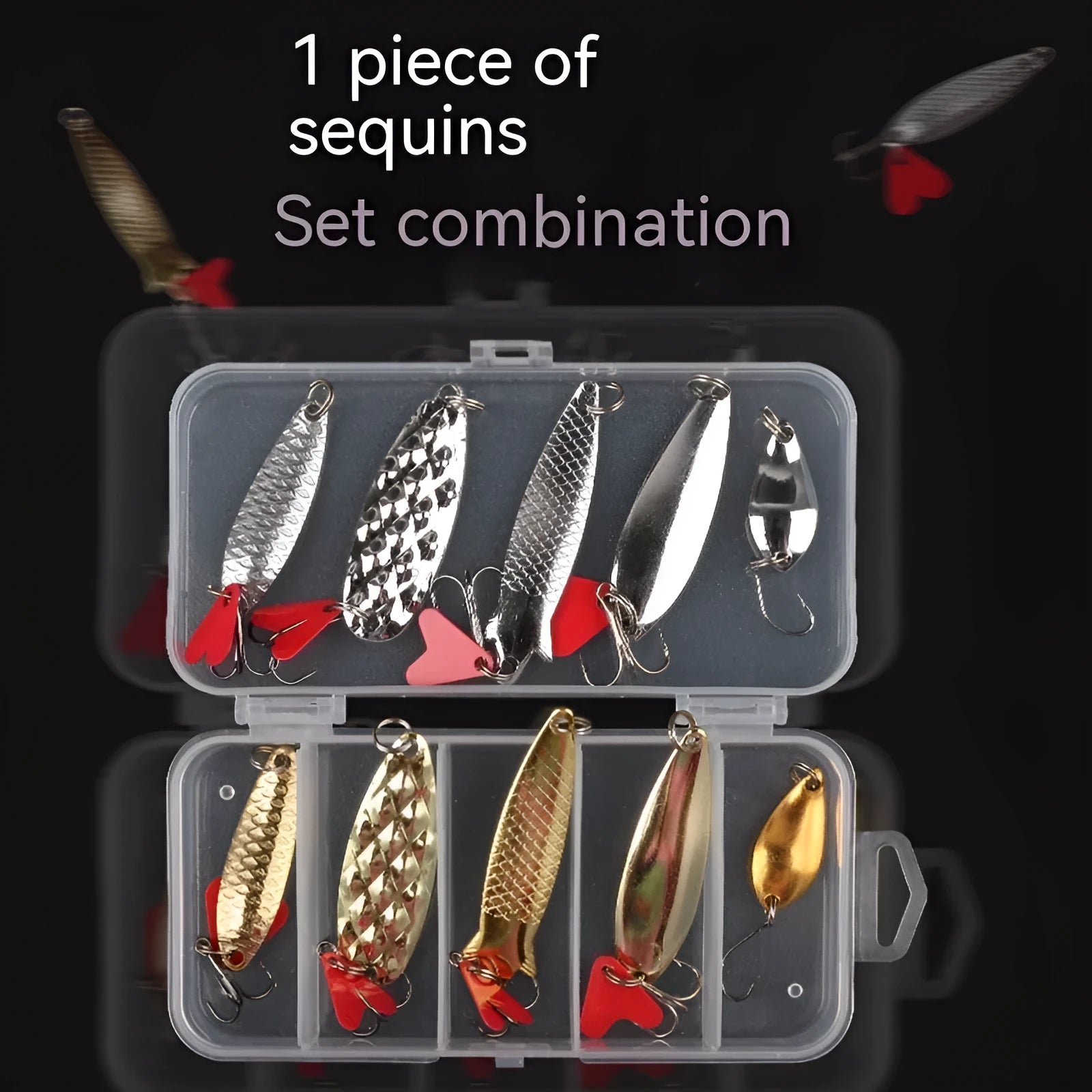 Pineapple sequin design fishing lure on metal box iron frame, gold and silver colour options