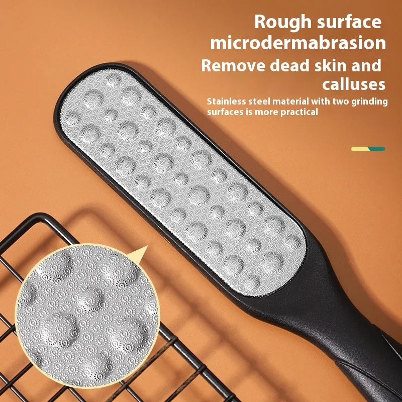 Stainless steel double-sided foot grinder for callus removal, shown in black and white colour options.