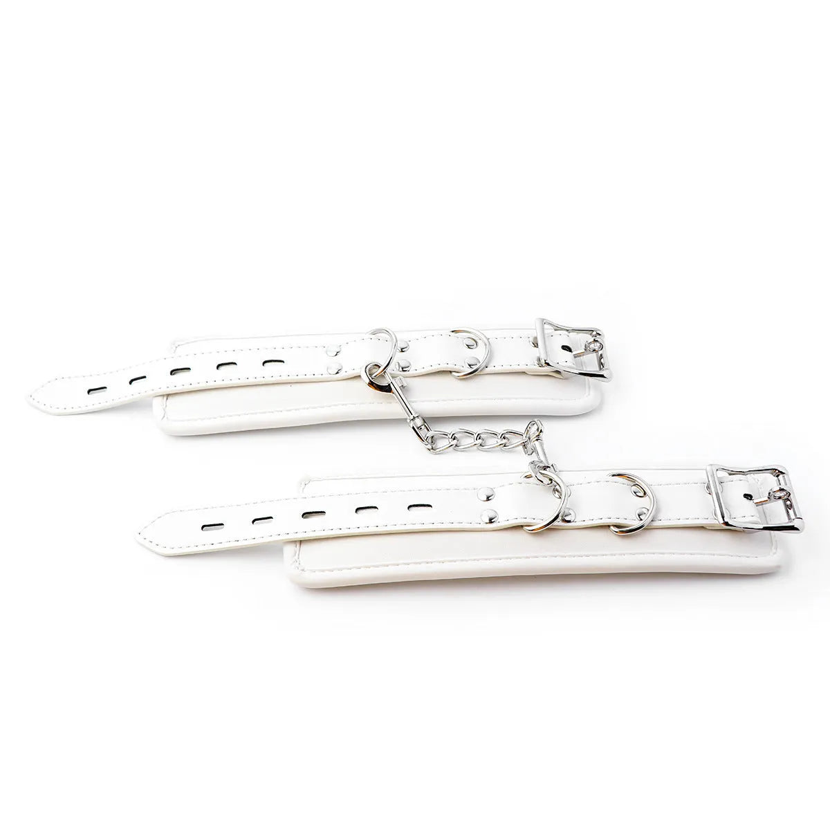 White PU sponge bondage restraint set including handcuffs, foot cuffs, and neck scarf