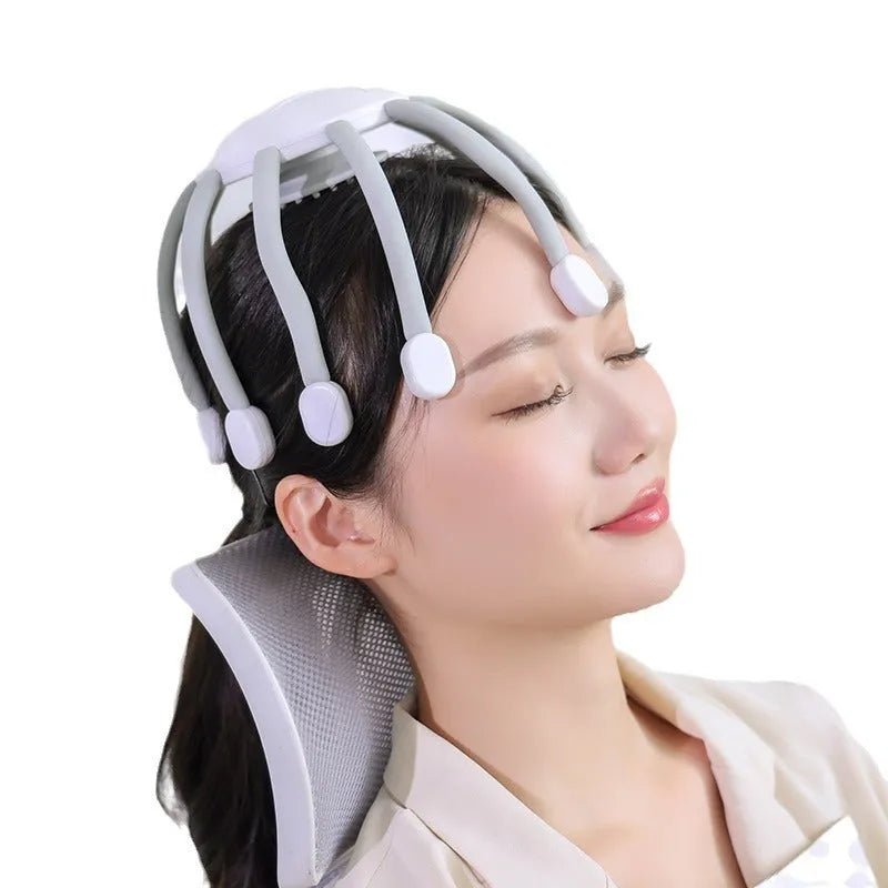 Black handheld USB head massager with multiple vibrating claws for scalp relaxation.